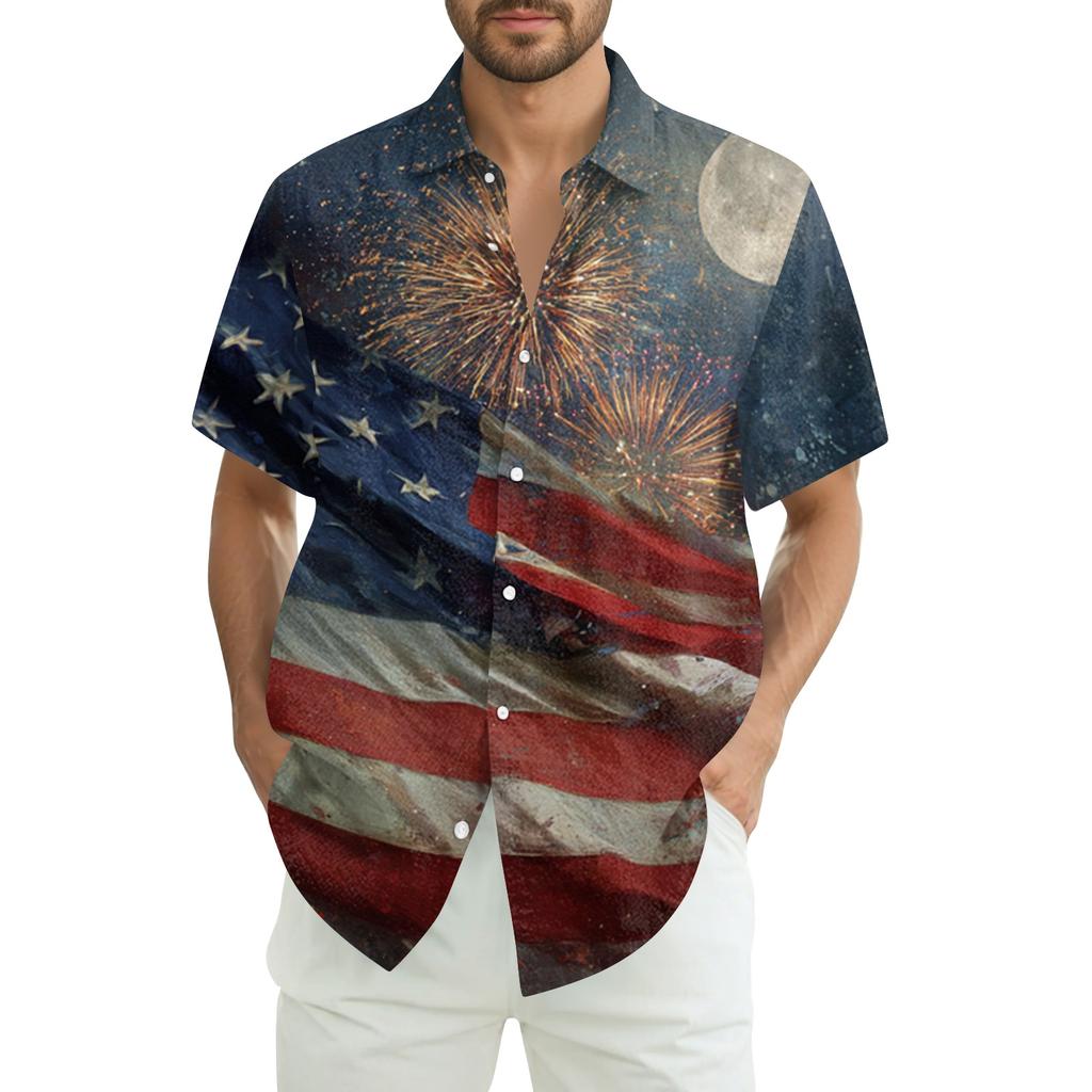Men's Summer Casual Independence Day Print Short-Sleeve Shirt