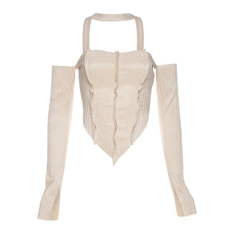 

Осенняя новая однотонная облегающая модная сексуальная футболка женская с длинным рукавом нестандартная футболка Y2K женская уличная повседневная футболка с бретелью через шею женская одежда 24571 L абрикосовый