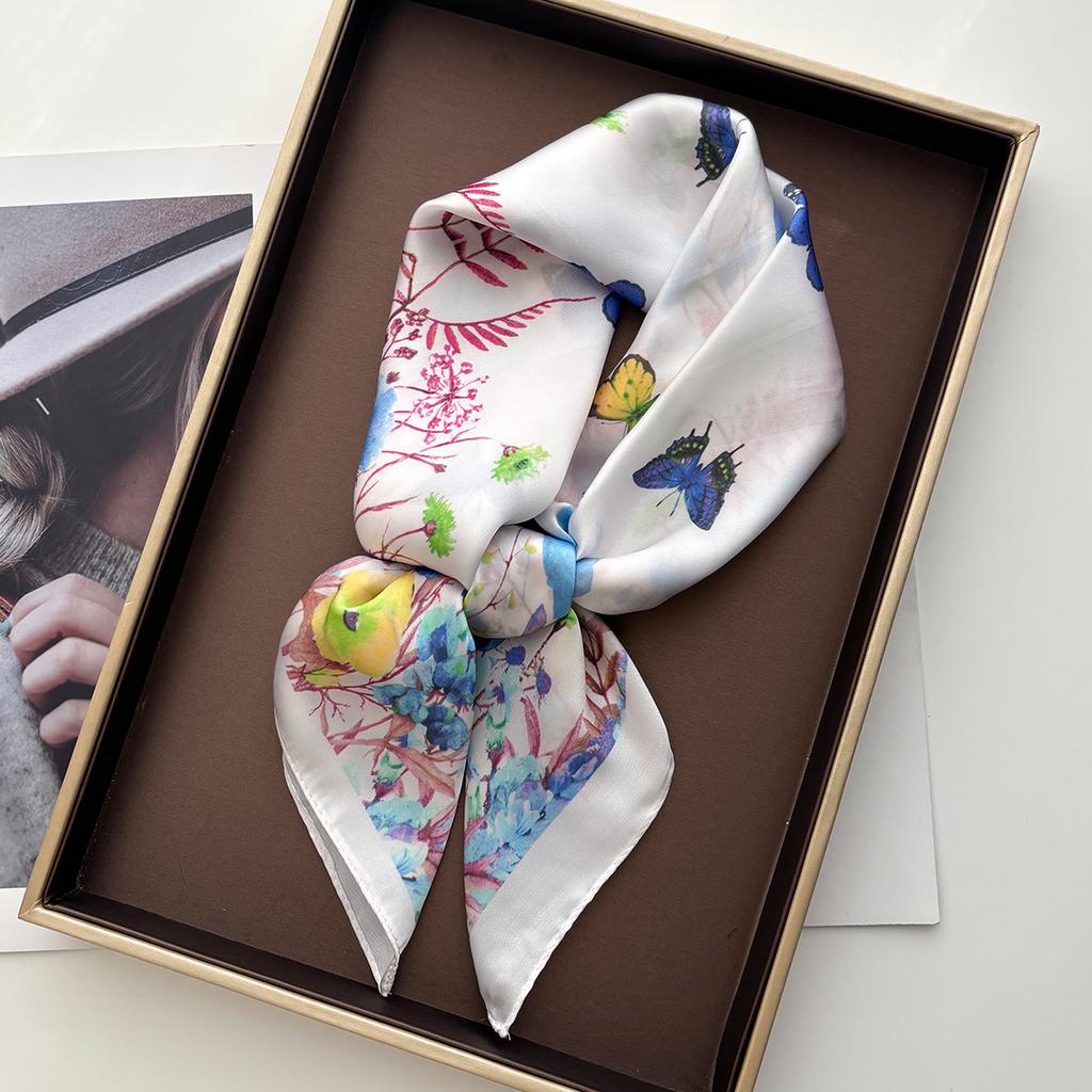 Luxury Square Scarf For Women Elegant Ladies Hijab Neckerchief Shawl For Travel Soft Stain Floral Print Imitation Silk Scarves