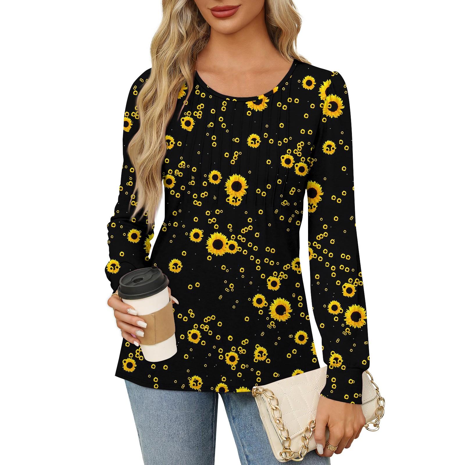 

Рубашки с длинным рукавом для женщин, футболки с милым принтом и графикой, блузки, нарядные повседневные блузки, плиссированные топы-туники с овальным вырезом M чёрный