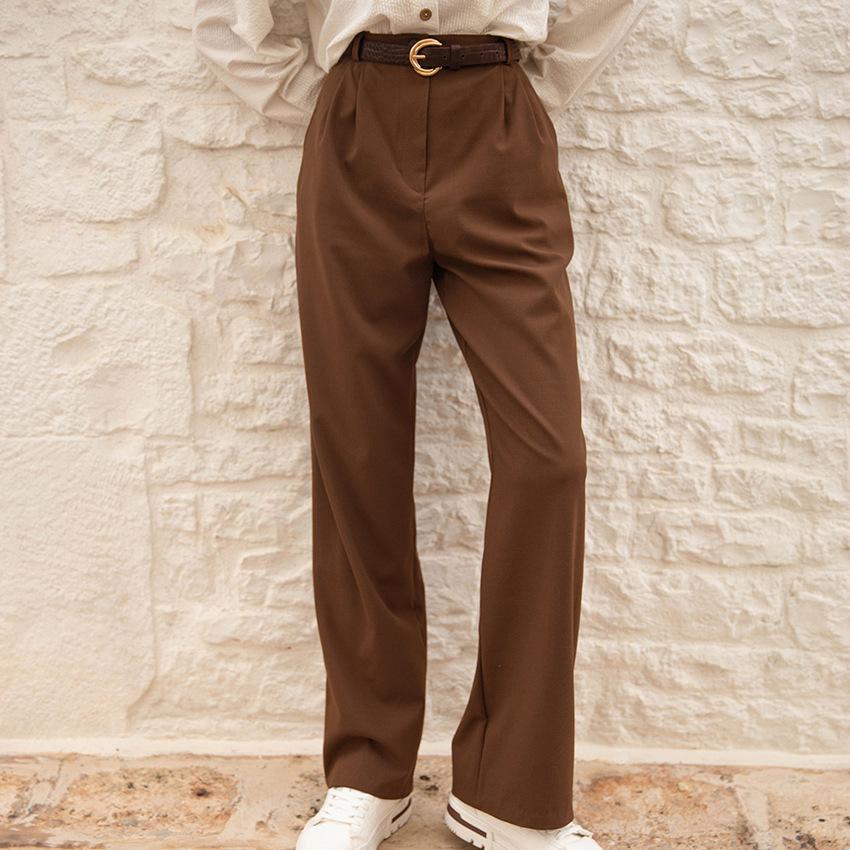 

Эластичная талия, широкие брюки, карманы, повседневные однотонные свободные брюки для женщин, винтажные брюки с высокой талией, шикарные прямые брюки, складной дизайн, прямые брюки L коричневый