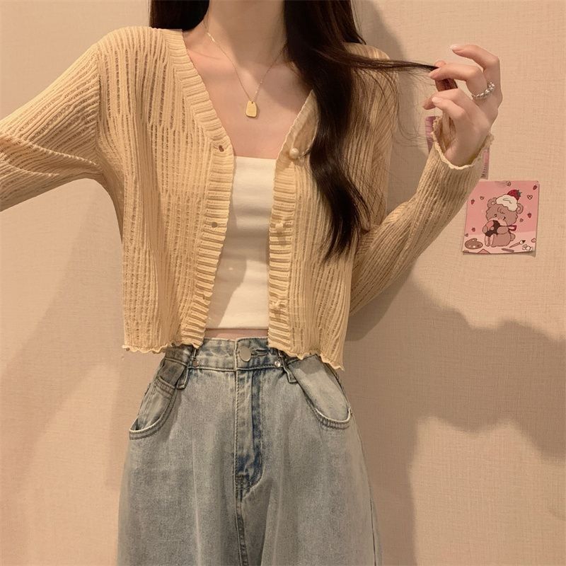 Mushroom Edge V-neck Long Sleeved Sun Protection Cardigan Women's Summer Short Top Thin Outer Layer Jacket