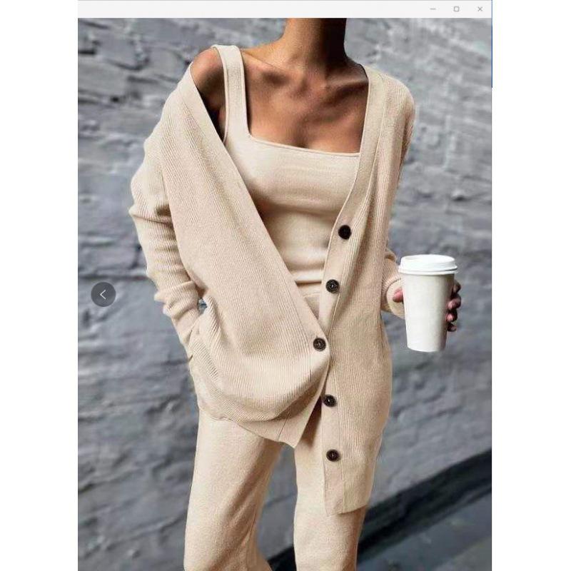 Women's Knitted Three-Piece Set - Cardigan, Vest, and Pants for Spring and Autumn 2022, European and American Style