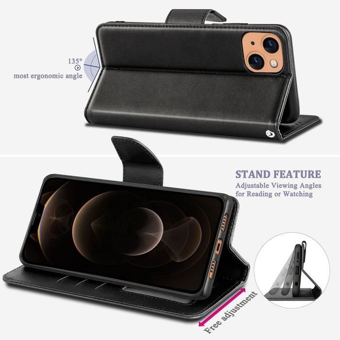 Coque et Verres Trempés - MARQUE - iPhone 13 Pro Max - Cuir Synthétique - Support Réglable - Noir