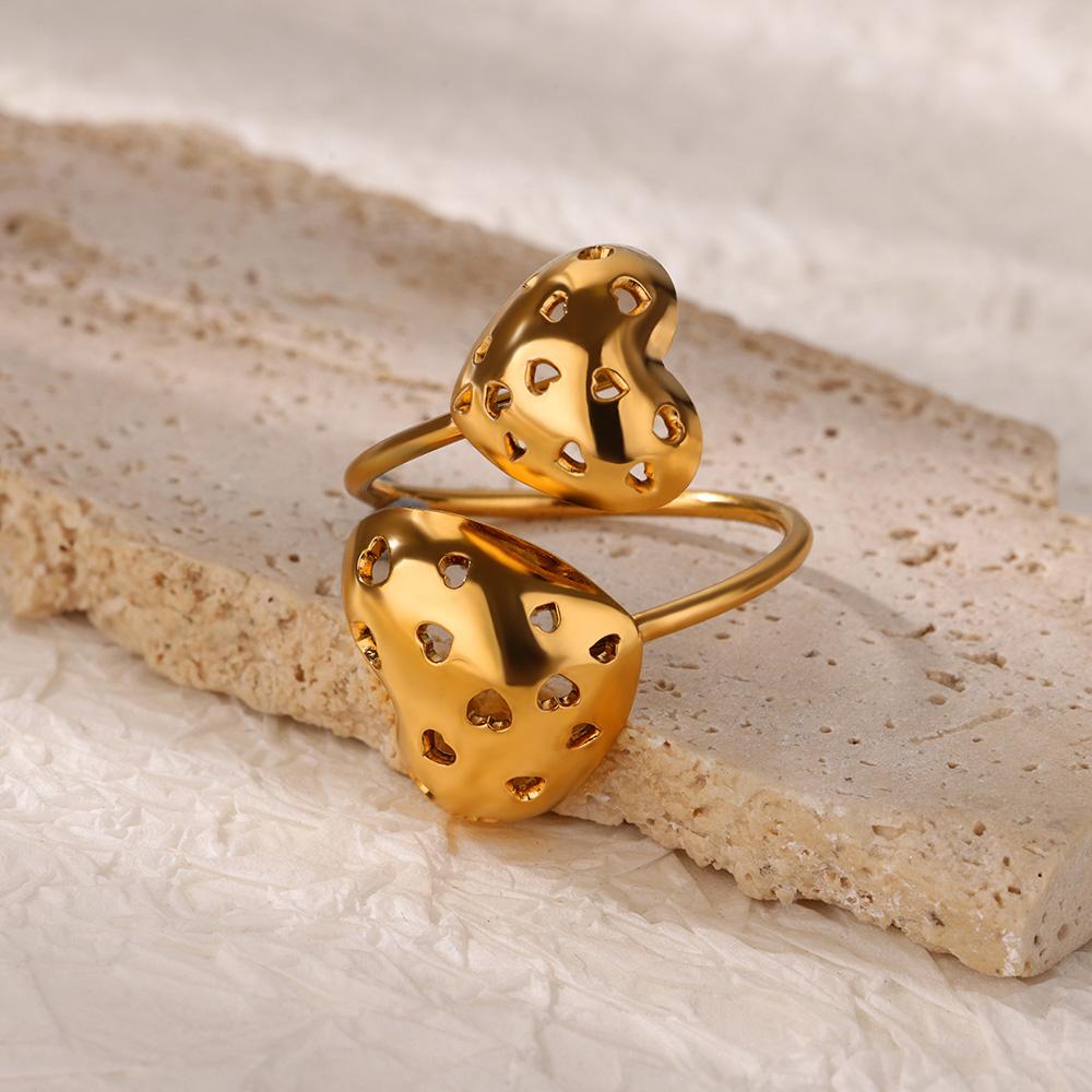 Double Heart Rings For Women Gold Color Stainless Steel Open Adjustable Ring Female Fashion Party Wedding Aesthetic Jewelry Gift