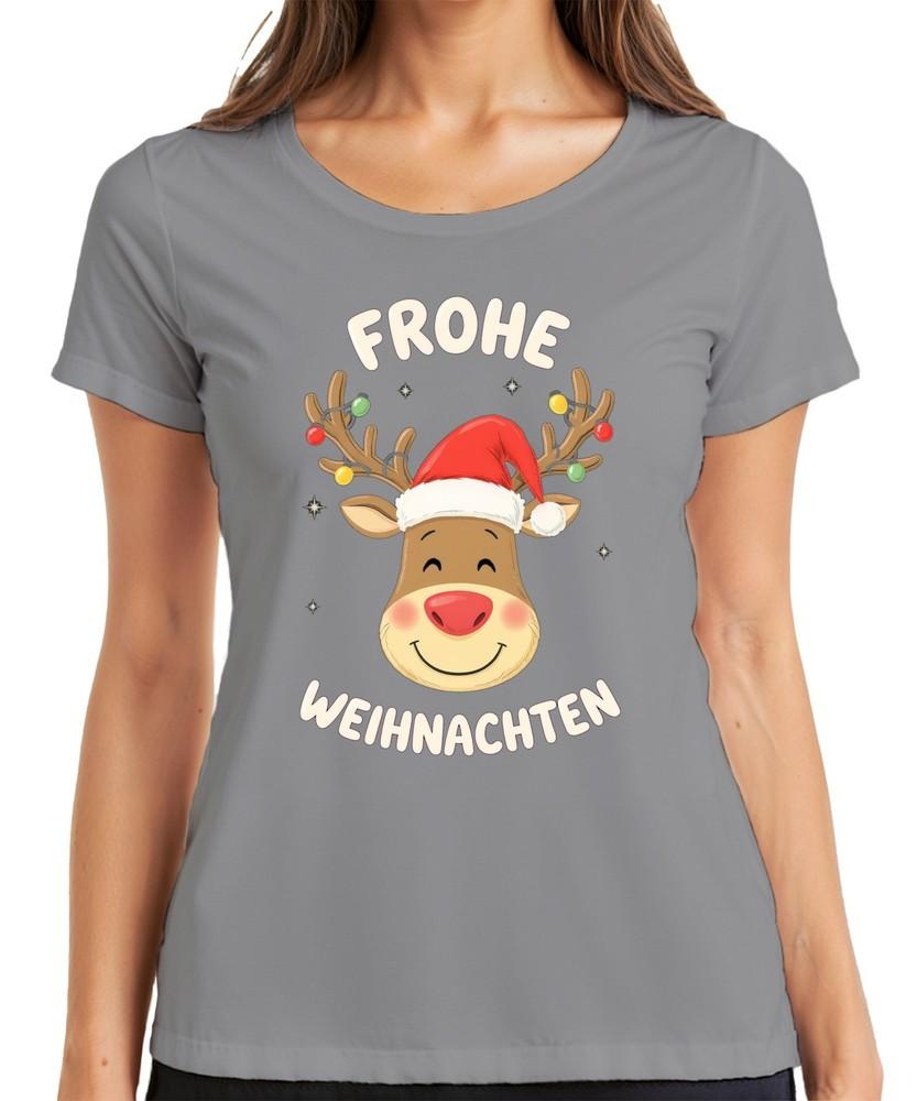 Merry Christmas Reindeer Santa Hat Cartoon Kids Funny Ladies TShirt
