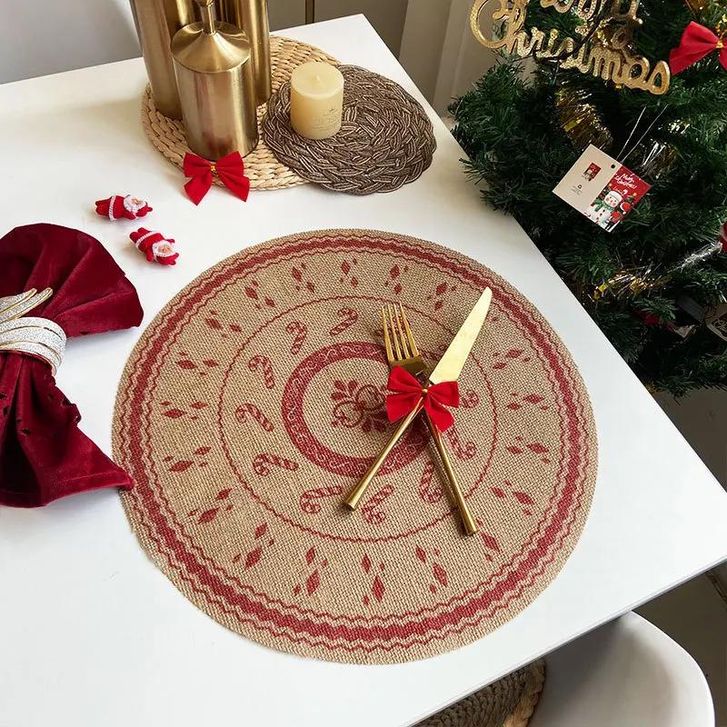 Retro Christmas Jute Placemat Round Printed Woven Dining Table Mat with Wool Ball Heat-Resistant Home Decorative Coffee Cup Mats