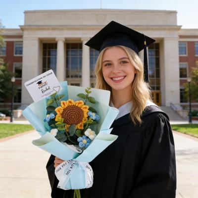 Crochet Graduation Theme Bouquet Handmade Artificial Sunflower Puff Flower Bouquet with Doll 2026 Grad Party Gifts for Graduation Birthday Home Decor