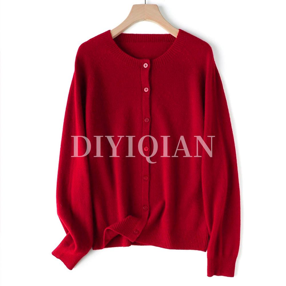

Элегантный женский кардиган DIYIQIAN из шерстяного трикотажа с круглым вырезом - Короткий осенне-зимний топ XL красный