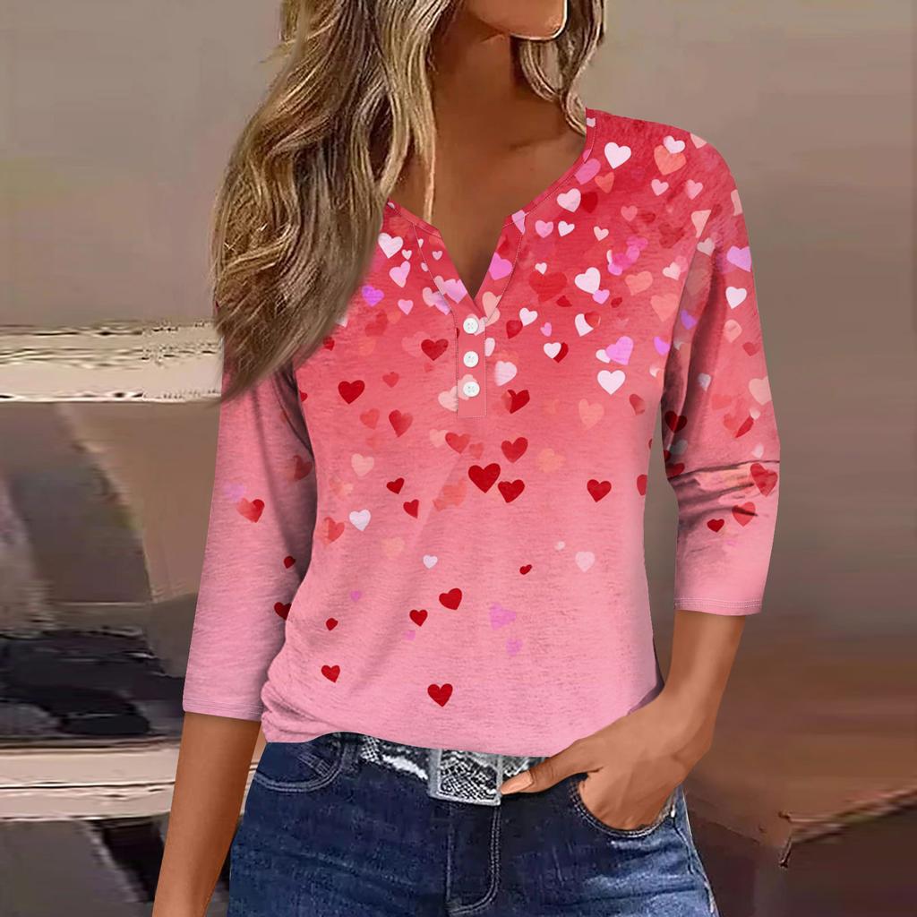 Women's  collar Valentine's Day print short-sleeved T-shirt top