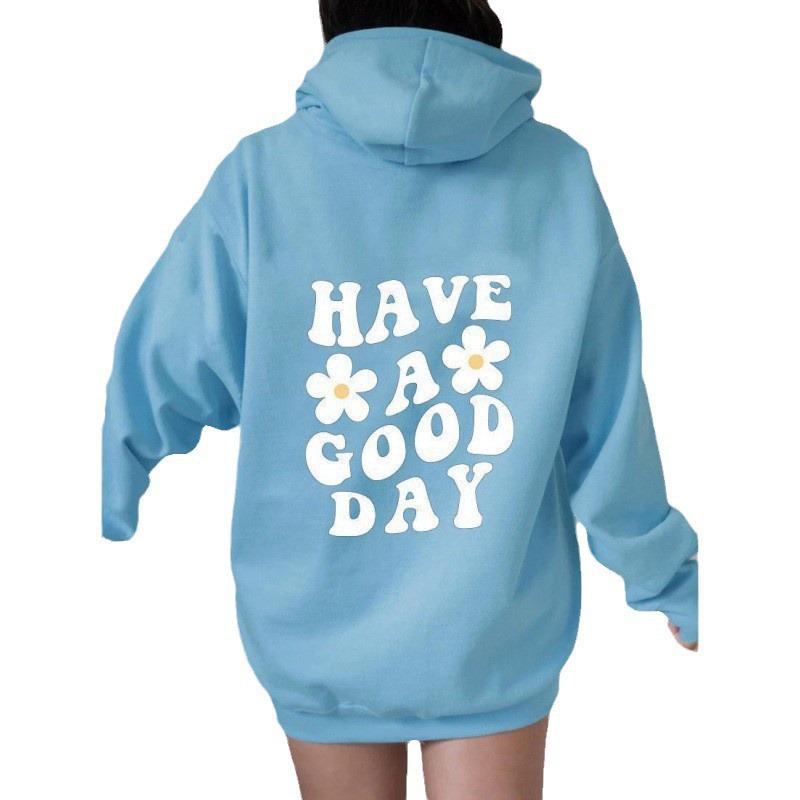 Autumn Women's Fashion: Rose Red 'GOOD DAY' Print Hooded Sweatshirt