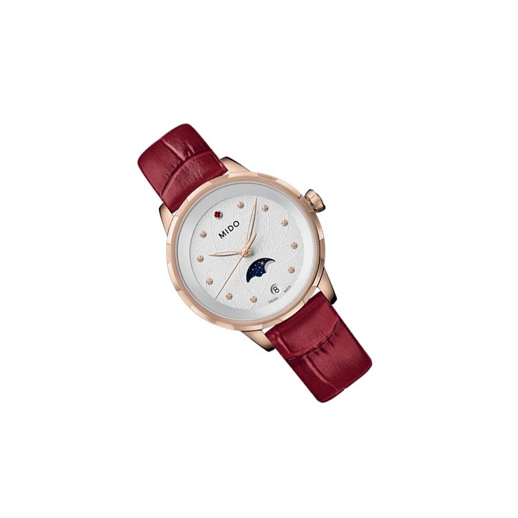 Mido Flower Series Moon Phase Watch Retro Red Quartz Movement Red Watch 31mm White Dial Leather Strap Women watches M043.023.36.031.00