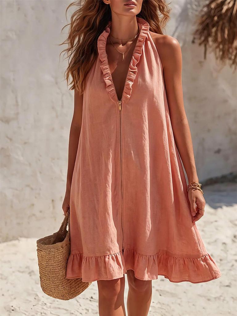 European and American style neck V-neck dress, front zipper ruffle edge loose and thin skirt