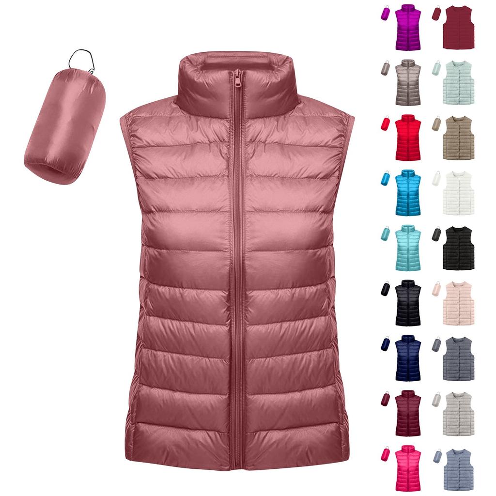 Women's Lightweight Down Jacket, Solid Color, Stand Up Collar, Down Vest With Pockets