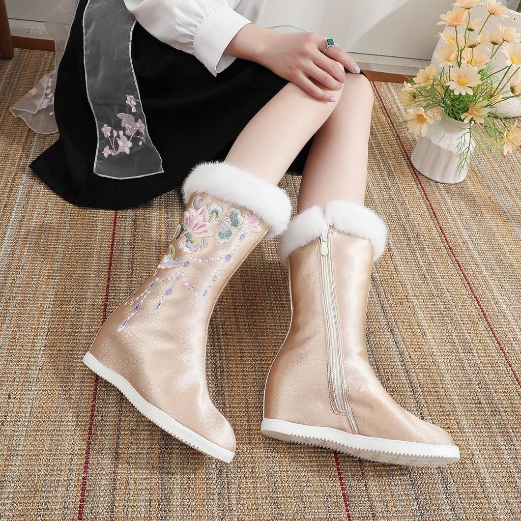Winter Warm Mid-Calf Boots for Women Anti-Slip Faux Fur Lining Embroidered Snow Booties Women's Fleece Lined Side Zipper Wedge Walking Boots Shoes