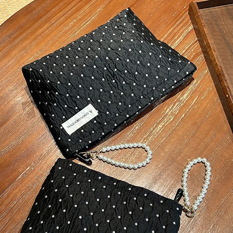 Black Polka Dot Cosmetic Bag With Pearl Handle Portable For Travel Skincare Storage