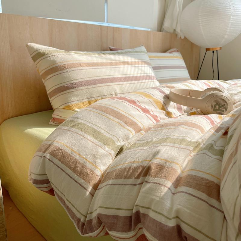 Ins Nordic Bedding Set Striped Pure Cotton Duvet Cover Set Skin-Friendly Single Twin Full Queen Size Flat & Fitted Sheets Set