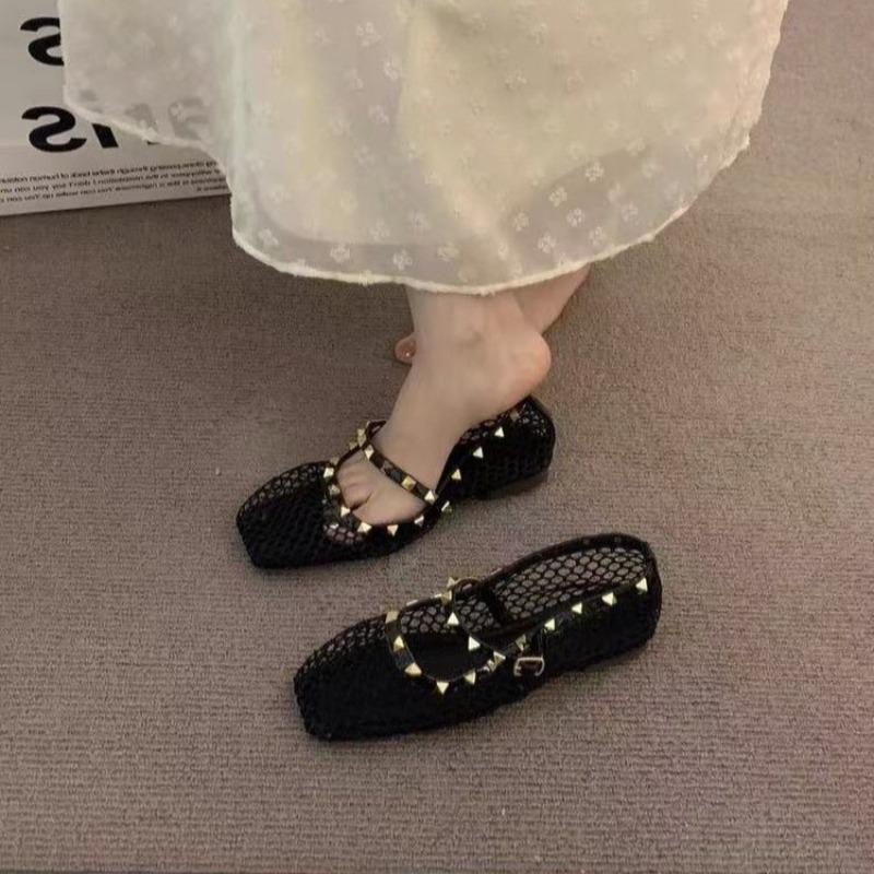 

Модные сетчатые дышащие туфли Мэри Джейн на плоской мягкой подошве с ремешком, женские туфли в новом зарубежном стиле, нишевые, универсальные, с модными стразами 40 чёрный