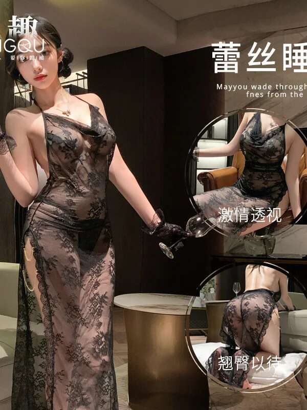 Indulgent Sexy Vent Dress Backless Deep V Hanging Neck Sleeveless Lace Elegant Long Dress Pure Desire Dress Nightclub Charm 5DEU