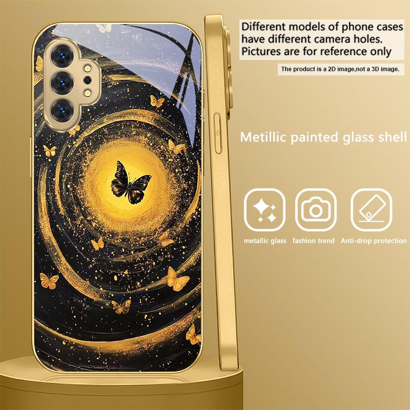 Vortex Schwarzer Schmetterling Für Samsung A 01 52S A04 A05S A10 A12 A13 22 23 24 36 42 M02 Note 10 20Ultra 8 9 Goldene Glas-Handyhülle