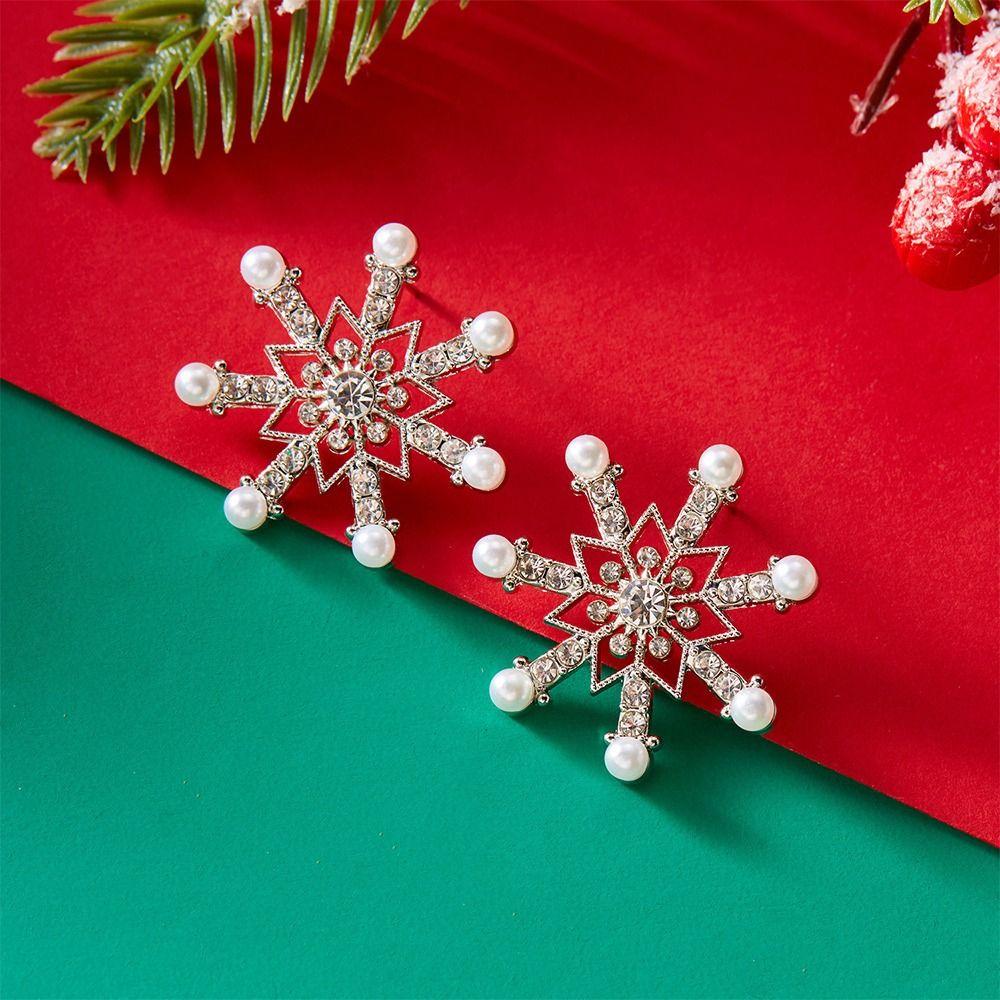 Crystal Zircon Pearl Christmas Stud Earrings Snowflake Long Tassel Earring  Party Accessories