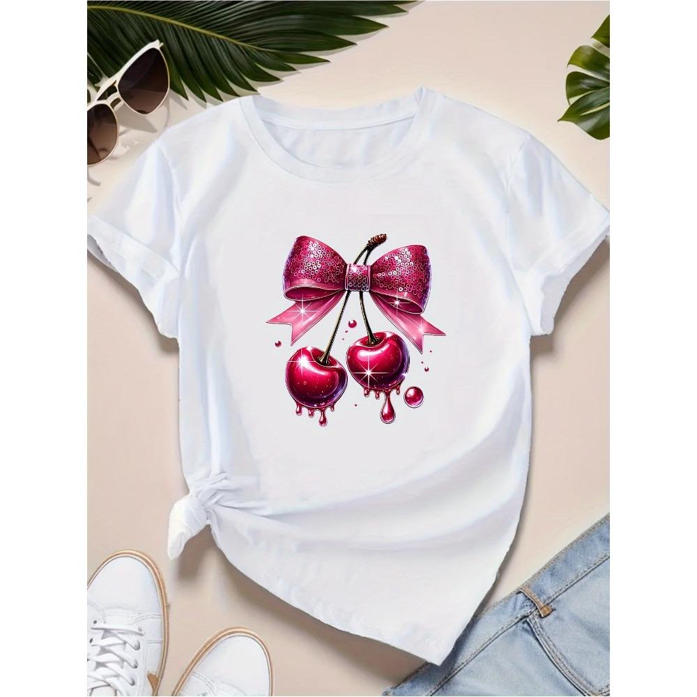 Women's Casual Short Sleeve T-Shirt Black Fit Round Neck with Bright Geometric Cherry Print Harajuku Short Sleeve
