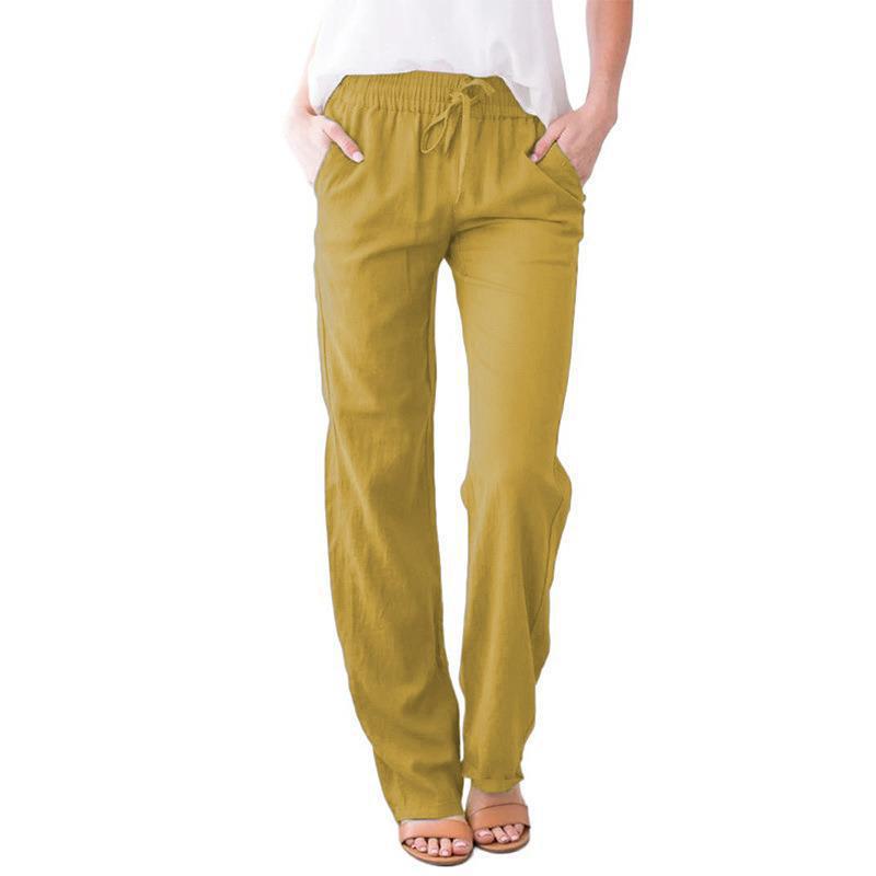 Damen Baumwolle Leinen Kordelzug Hose Elastischer Bund Lässige Einfarbig Hose Baggy Locker Gerades Bein Atmungsaktive Jogginghose