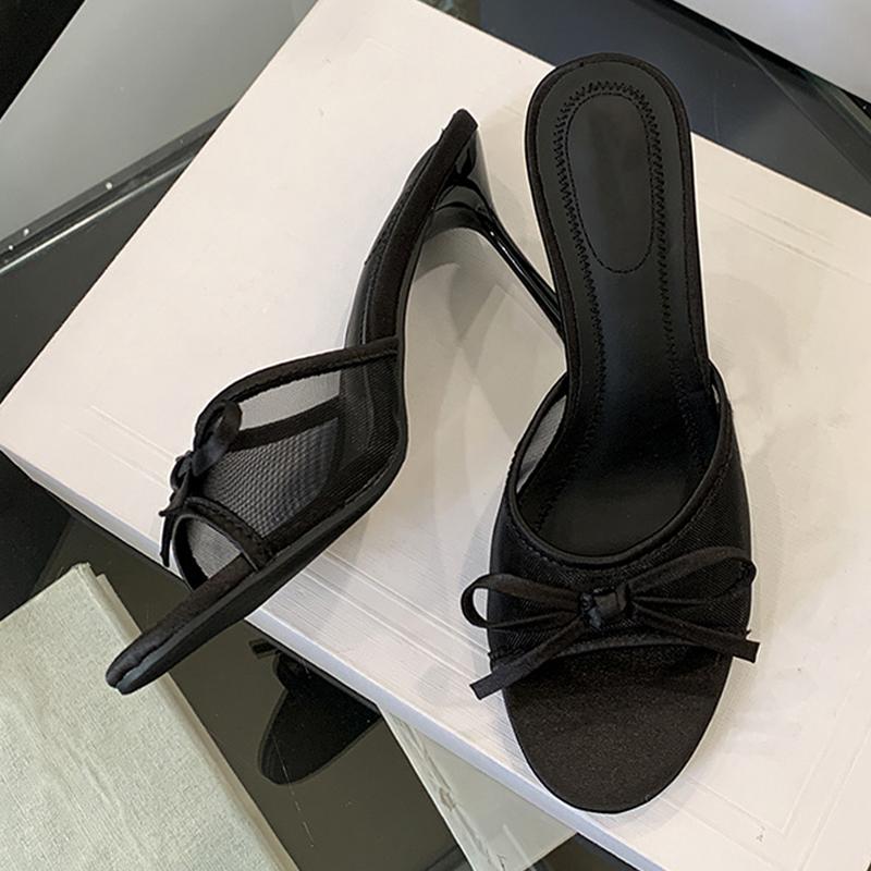 Brand Designer High Heels Slippers for Women Fashion Lace Bow Mesh Summer Sandal Female Party Dress Shoes Zapatos De Mujer