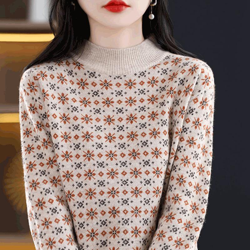 Svetr s polovičním rolákem Dámský Podzimní a zimní Květinový Ležérní Pletený svetr Top Módní Volný Nadměrný Pulovr