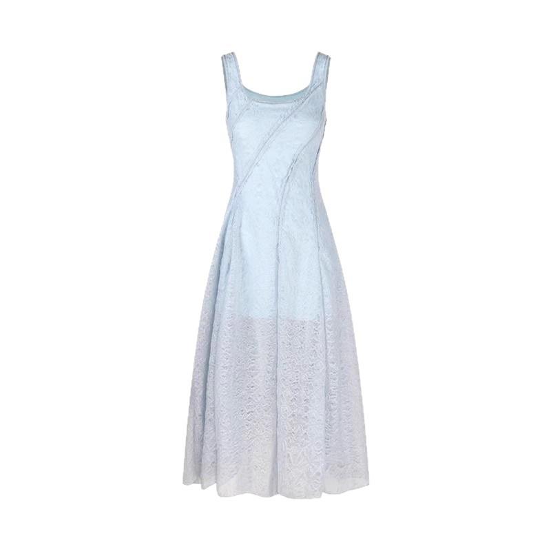 French blue waist suspender long dress dress summer French square neck texture skirt beautiful waist skirt