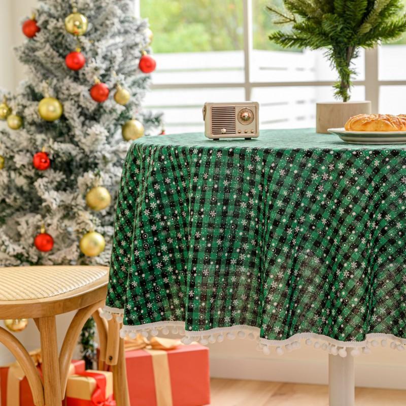 Christmas Snowflake Plaid Tablecloth Cotton Linen Blend Table Cover With Pom Poms Holiday Dining