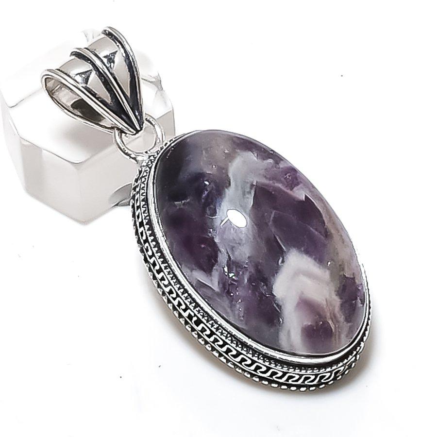 Chevron Amethyst Gemstone Handmade 925 Sterling Silver Pendant 2.05" n8H74