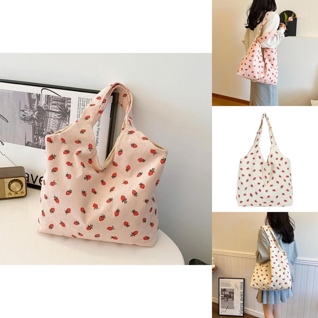 Trendy 2024 Canvas Strawberry Tote Bag Fashionable Soft Shoulder Bag For Women