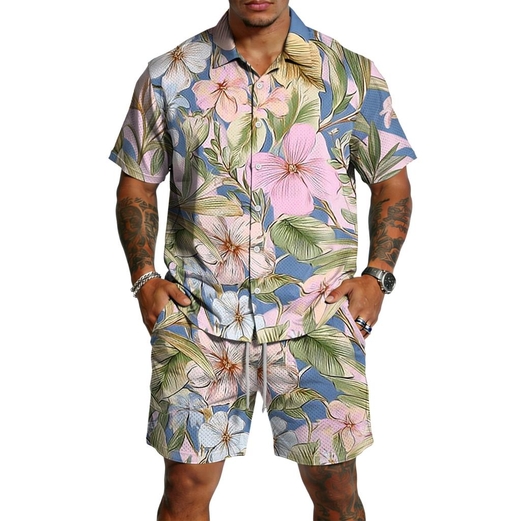 Conjunto casual de dos piezas para hombre con estampado, top ligero y transpirable con pantalones cortos de cordón