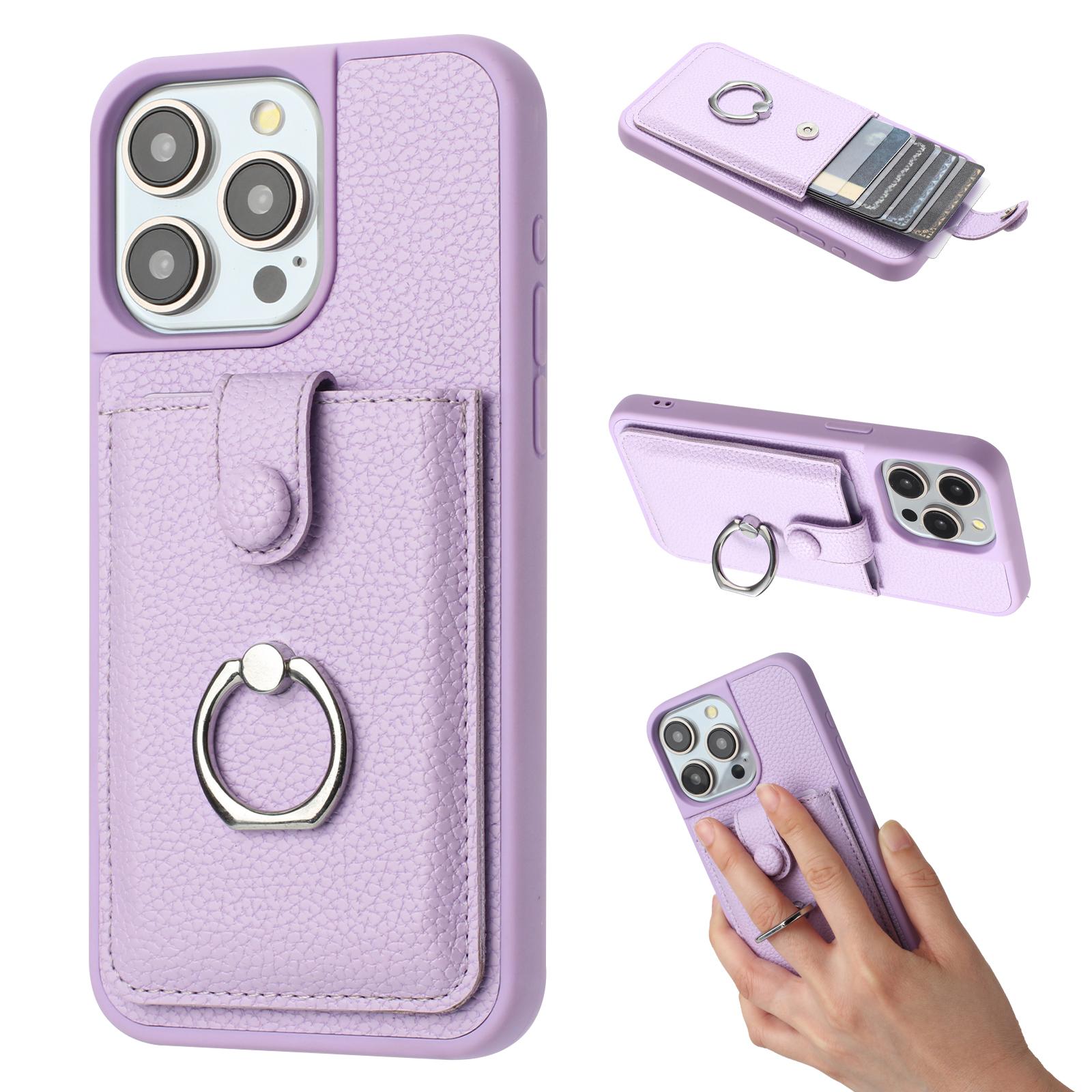 

For iPhone 16 Pro Max Case Drawing Type Card Slots Litchi Texture Leather Back Cover with Ring Kickstand Purple