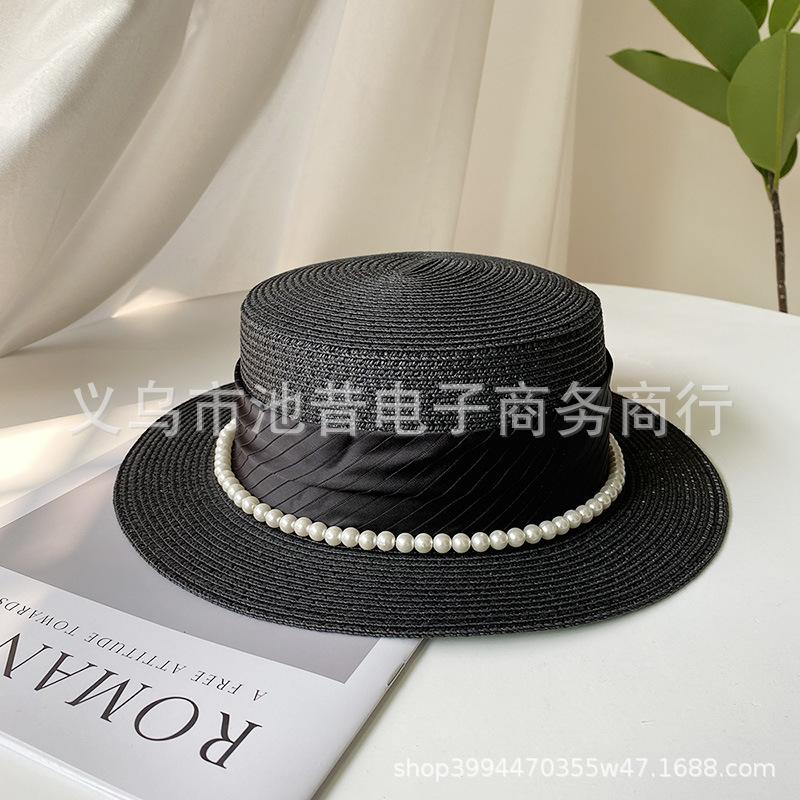 French celebrity style flat top top hat new summer elegant pearl straw seaside sun hat children
