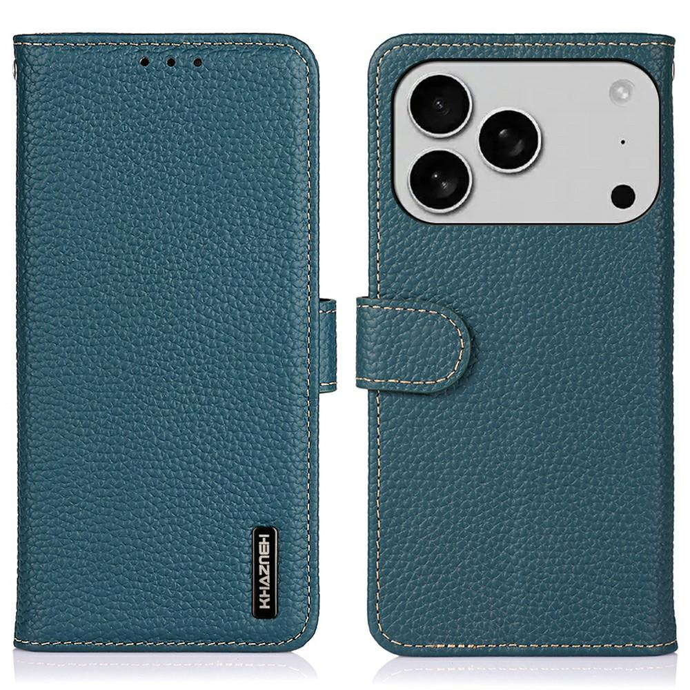 

KHAZNEH For iPhone 17 Pro Max Case Litchi Texture Genuine Cow Leather Flip Phone Cover C