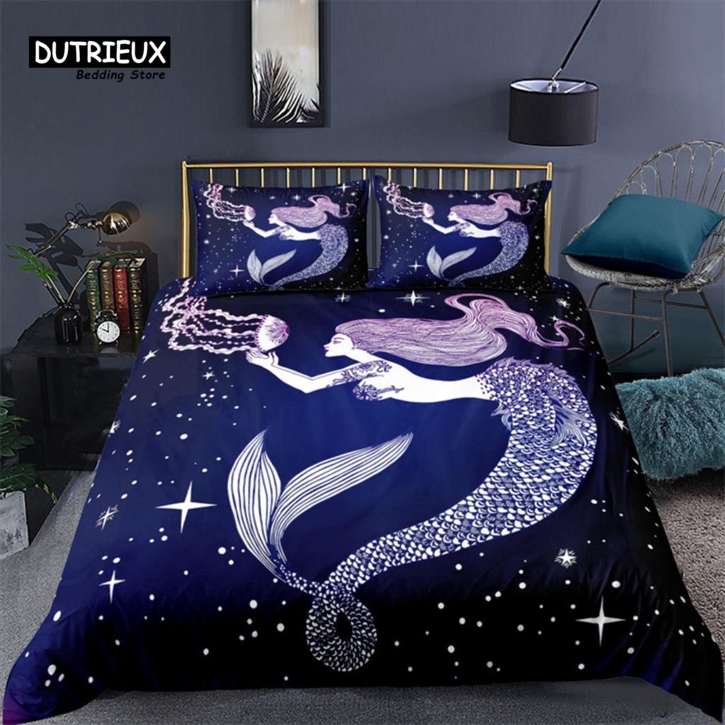 Mermaid Bedding Set Queen Size Print Duvet Cover Comforter Cover With Pillowcases For Girls Boys Teens Gift Home Bedroom Decor