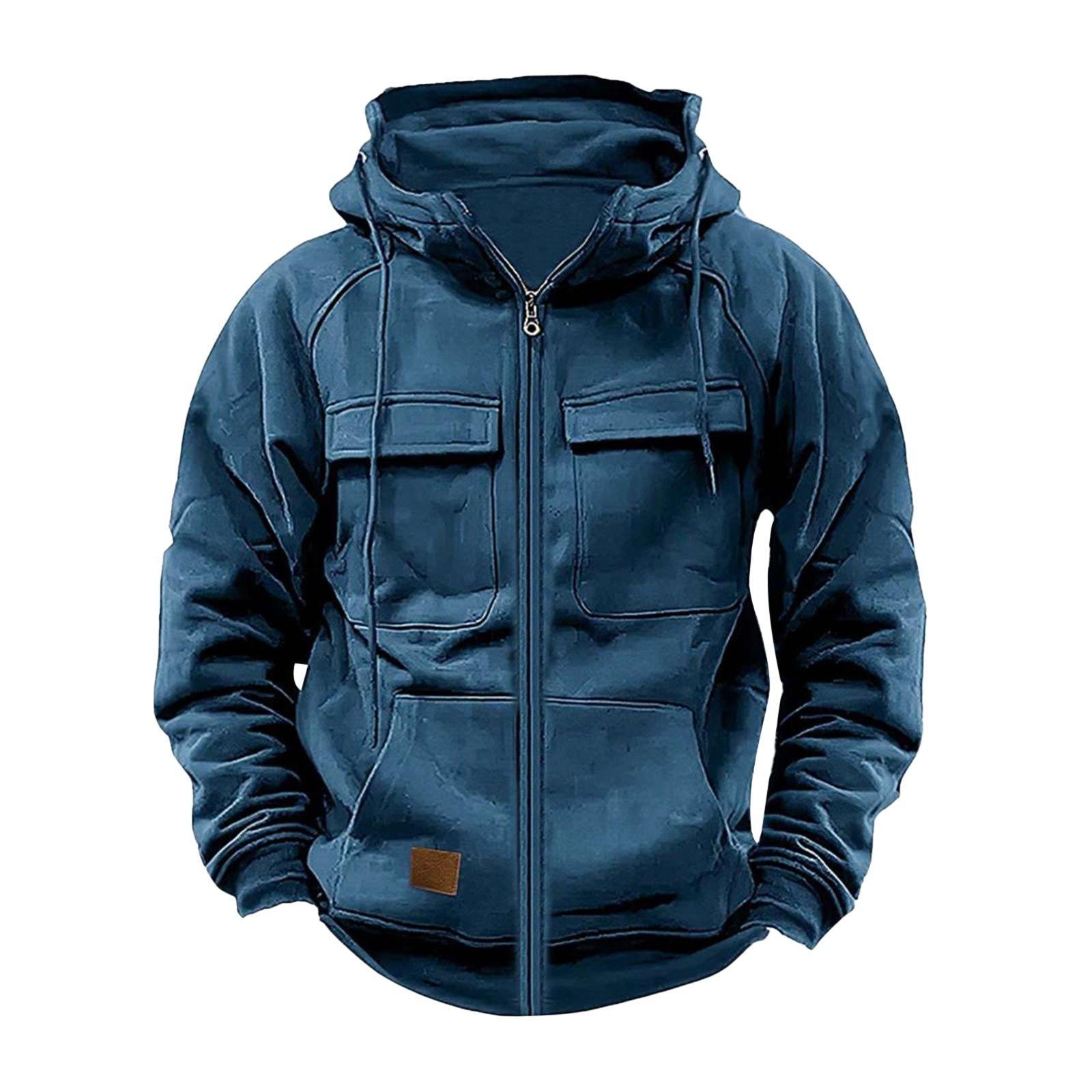 Tooyoo Herfst Winter Heren Capuchon Effen Hoodies Jassen Meerdere Zakken Mannelijke Rits Sweatshirts Sport Buiten Casual Hoodie Jas XXXL koningsblauwe kleur