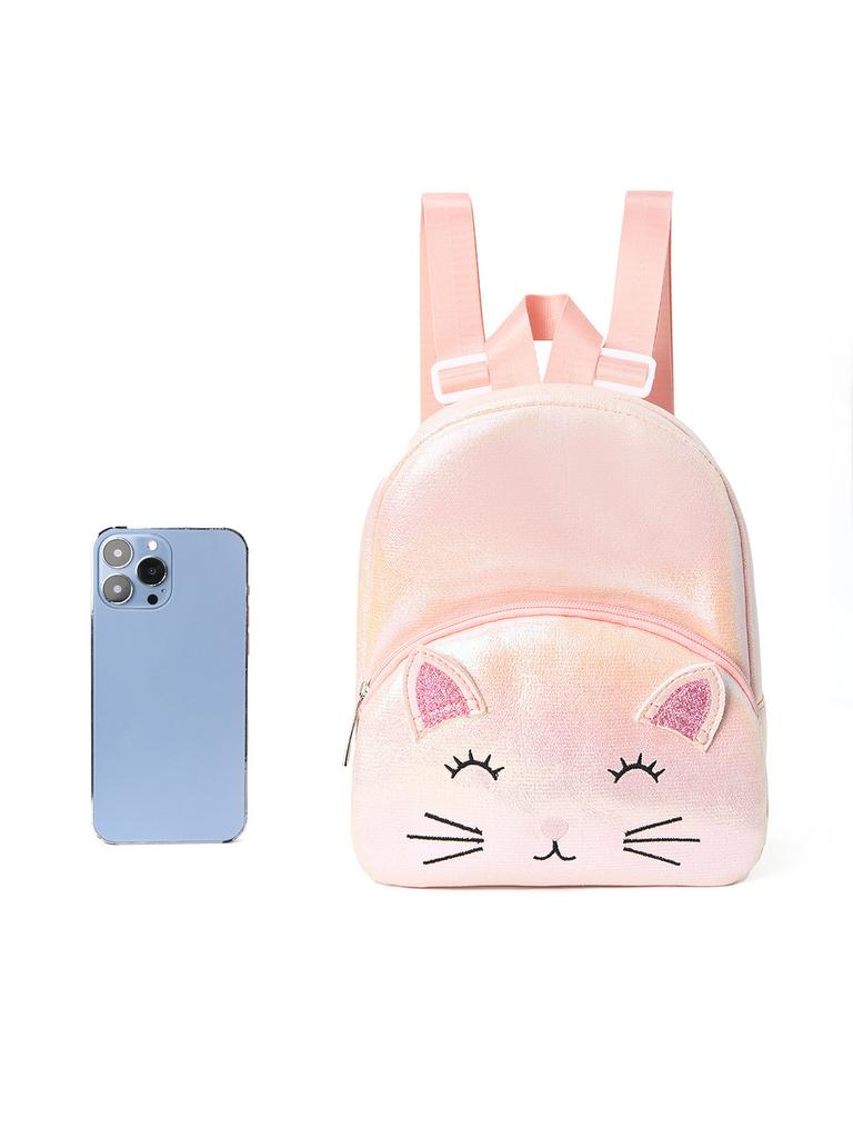 Kids Girl Cat Embroidery Double Pocket Backpack With Lightweight Polyester For School And Daily Use