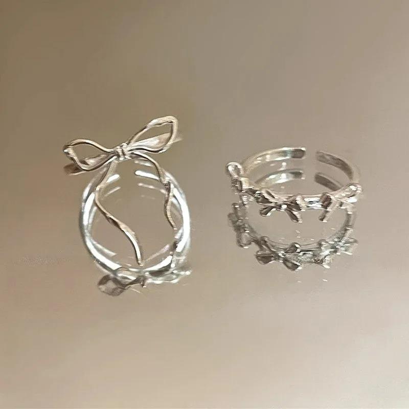 2 Pcs/Set Y2K Cute Bow Ribbon Rings for Women Girl Sweet Cute Geometric Bow Opening Adjustable Rings Wedding Party Jewelry Gifts
