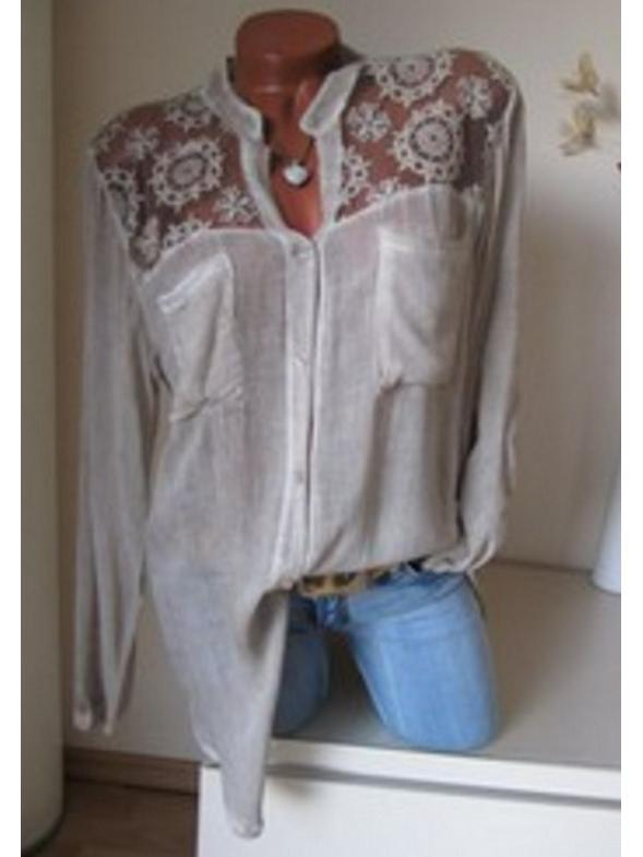 2018 Podzimní halenka s dlouhým rukávem a krajkovou ozdobou, se stojáčkem a klopami a kapsou