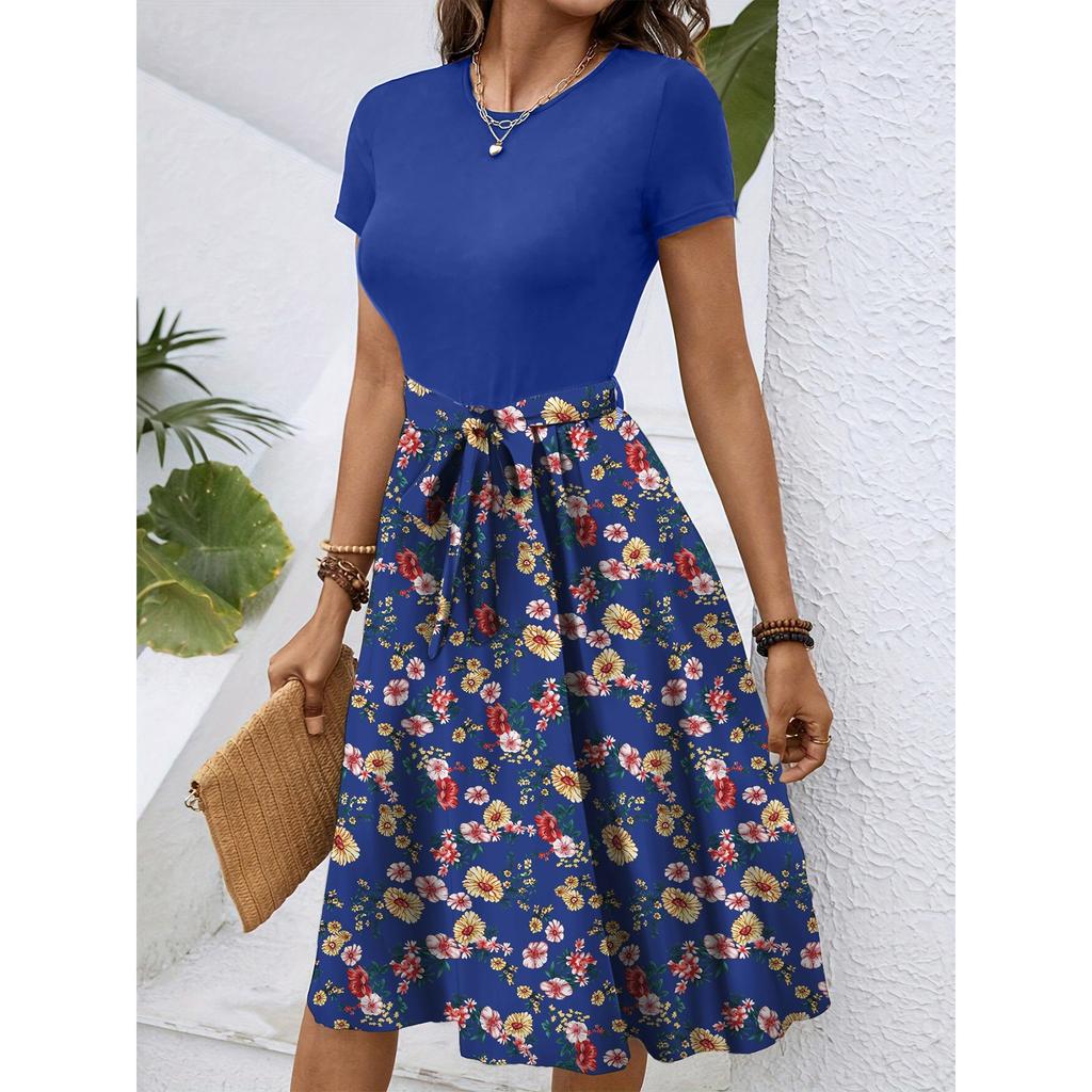 Women's Fashionable Retro Patterned Printing Color Blocked Belt Casual Dress