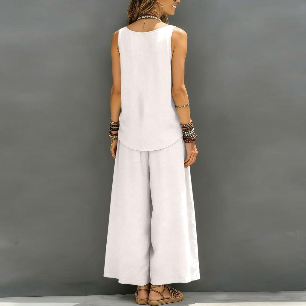 Women's Ccasual Sleeveless Vest And Wide Leg Pants Cotton Linen Set