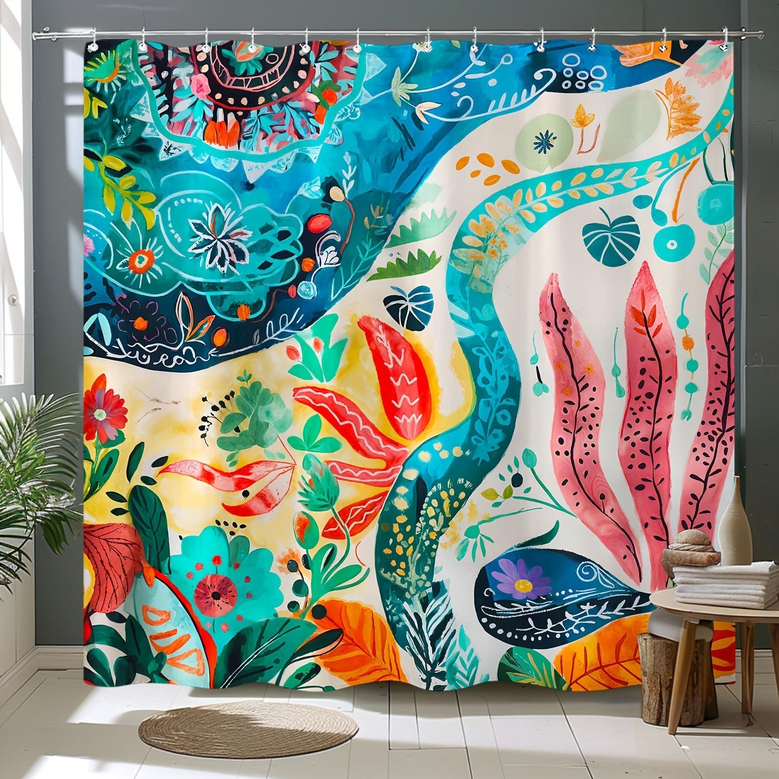 

Bohemian Marine Flower Pattern Shower Curtain Washable Dirt-Resistant Shower Head Waterproof Polyester Bath Curtain W60H190(CM)-1 Pcs