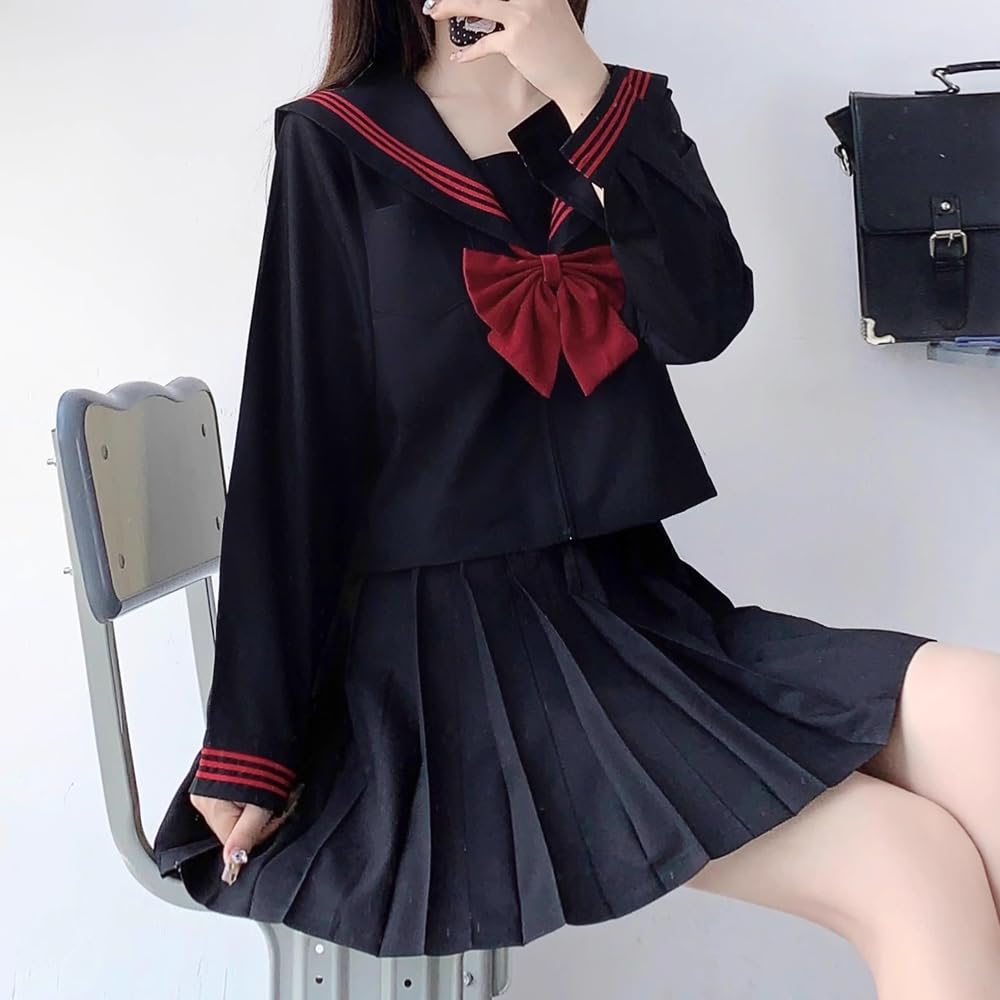 GSYCL Sailor Long Short Red Set for High School JK Top and Bottom Halloween School Plus Cute Sleeve Uniform, Black, Sleeve, Sleeve, Bow, 3-Piece