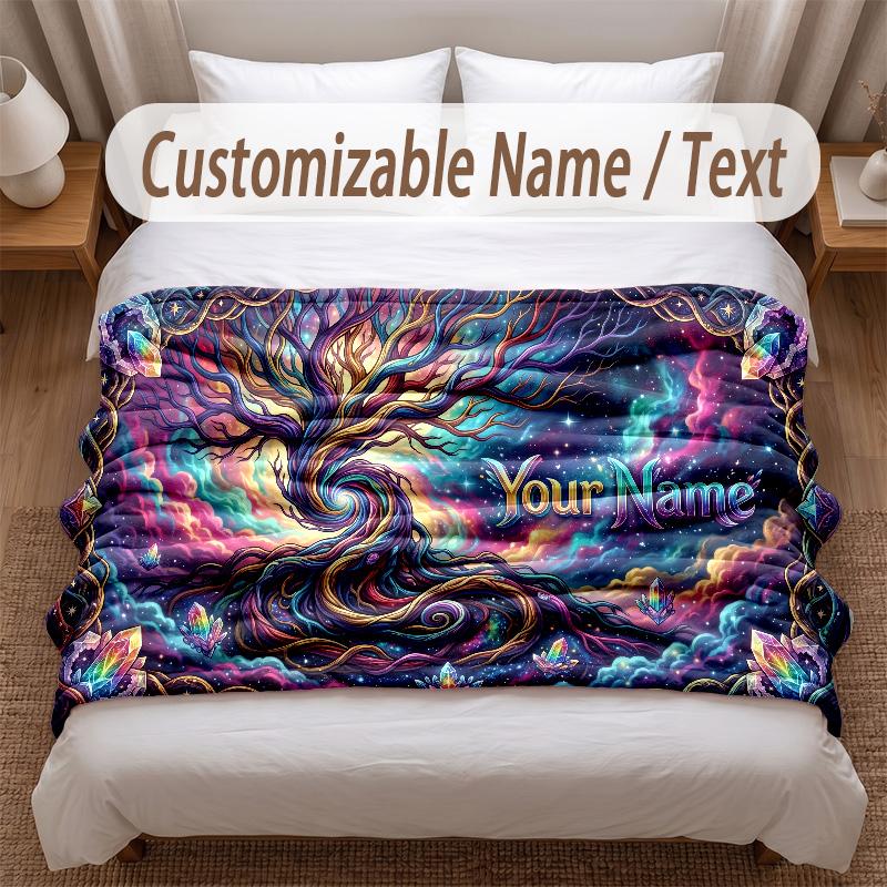 Tree of Life Theme Soft Blanket Personalized Custom Name Text Print Warm Blanket Home Sofa Bedroom Decor