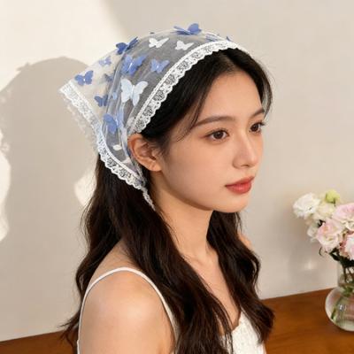 Exquisite Style Lace Headscarf Pastoral Butterfly Floral White Square Scarf Triangle Scarf Waist Scarf Lace Hair Band Silk Scarf