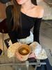 Women's Gray Slim-Fit Off-Shoulder Fur Collar Long-Sleeve Top for Autumn/Winter