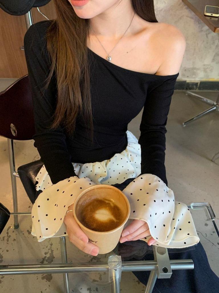 Women's Gray Slim-Fit Off-Shoulder Fur Collar Long-Sleeve Top for Autumn/Winter